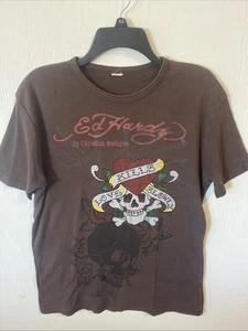 Ed Hardy Auth VTG Y2K M brown T-shirt Swarovski crystals rare hard to find - Picture 1 of 7