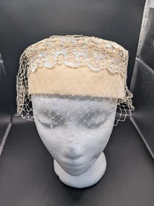 Ladies Vintage Ivory Colored Sequin Embellished Hat With Netting - Picture 1 of 10