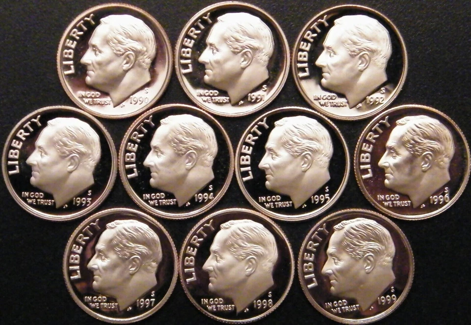 Juego de 10 monedas de diez centavos Roosevelt 1990-1999 gema DCAM prueba funcionamiento Foto 1 de 2
