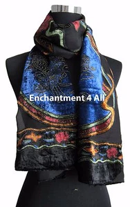 Eleganter 100 % Seide Ausbrenner Samt Kreis Kunst länglicher Schal Halstuch, blau/schwarz - Bild 1 von 5