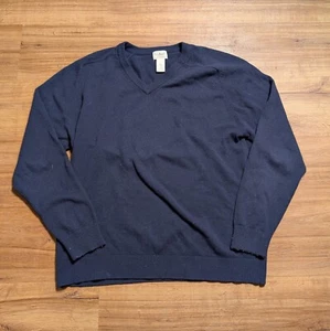LL Bean Sweater Mens Large Tall Navy Blue 100% Lambs Wool Tight Knit V Neck - Picture 1 of 9