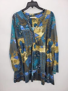 Peruvian Connection Dress Womens XL Blue Yellow Floral Patchwork Artsy Tunic - Picture 1 of 9
