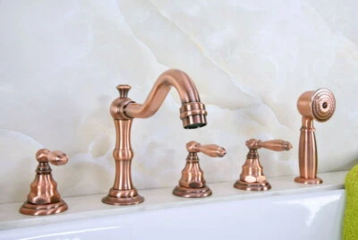 DLL Bathroom 5 Holes Deck Mount Roman Tub Faucet Red Copper Bath Tub w/ Side Spray
