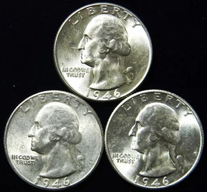 1946 PDS YEAR SET WASHINGTON SILVER QUARTERS, BU BRILLIANT UNCIRCULATED #s3 - Picture 1 of 2
