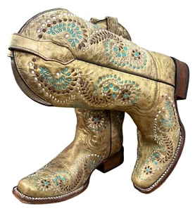 Circle G by Corral Women Western Boots 9.5 Gold Metallic Square Toe Boots EUC - Picture 1 of 12