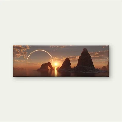 Panoramic View of Rock Sunset Seascape Painting Canvas Print Wall Art Home Decor - Image 1 of 4