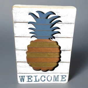 Primitive Whitewashed Wooden Pineapple Welcome Sign Decor - Picture 1 of 6
