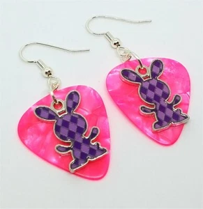 Purple Argyle Easter Bunny Charm Guitar Pick Earrings Surgical Steel Earwires - Picture 1 of 10