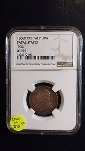 1866R Italy 1 Lira Papal States Pontificio Silver Coin NGC AU55 Priced To Sell - Picture 1 of 5