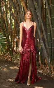 NUEVO RACHEL ZOE WALKER VESTIDO DE HENDIDURA FRONTAL DE LENTEJUELAS MERLOT H19G373 TALLA 12 $595.00 - Imagen 1 de 12