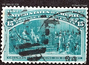 1893 COLUMBIAN EXPO SC 238 15¢ DARK GREEN UNG COLUMBUS ANNOUNCING DISC P12 F/VF - Picture 1 of 2