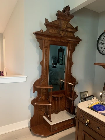 Antique Victorian Walnut Hall Tree With Marble. 94” Tall x 44” Wide Cover