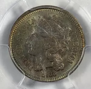 1866 3 Cent Nickel. .03. 3CN. PCGS Unc. Details Cool Toning. - Picture 1 of 5