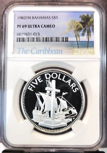 1982 BAHAMAS SILVER 5 DOLLARS SANTA MARIA NGC PF 69 ULTRA CAMEO RARE TOP POP - Picture 1 of 3