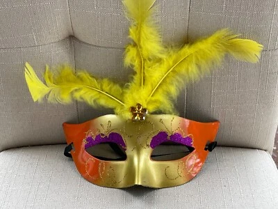 Eye Mask Yellow Faux Feather Mask Masquerade Light Up Mask Women Mask - Image 1 of 4