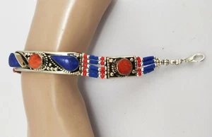 Pulsera asiática de plata esterlina lapislázuli/piedra de coral para niñas pulsera hecha a mano BS11 - Imagen 1 de 2