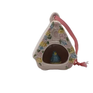 Vintage Schmid Japan rosa Vogelhaus Ornament mit blauem Vogel auf Nest - Bild 1 von 10
