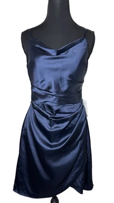 Stacees Dark Navy Satin Cocktail Dress 4 Cowl Neck Party Special Occasion NWT - Image 1 of 4
