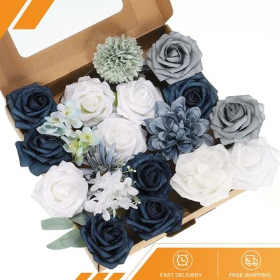 Combo de flores artificiales mezcla de seda falsa con tallos imitación flor azul Foto 1 de 4