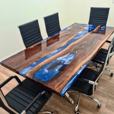 Handmade Blue Epoxy River Table – Custom Live Edge Wood Dining Table or Office D - Image 1 of 4