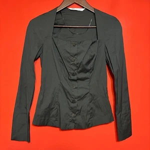 Zara XS schwarz Langarm quadratischer Ausschnitt Knopfleiste tailliert Schößchen Top Bluse - Bild 1 von 6