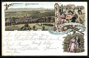Lithographie Frankfurt-Seckbach, Totalansicht, Ausschank mit Gästen 1898 - Bild 1 von 2