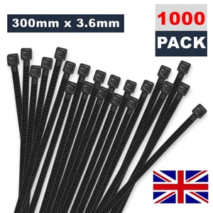 1000 PACK 300MM X 3.6MM NYLON PLASTIC STRONG BLACK CABLE TIES TIE WRAPS ZIP TIES - Picture 1 of 7
