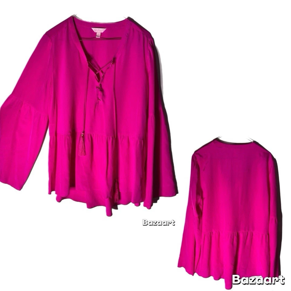 Top Lilly Pulitzer Grande 100% Seda Milán Magenta Manga Larga Borla Rosa Foto 1 de 4