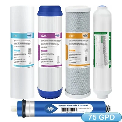 5 Stage Reverse Osmosis Water Filter Full Replacement Set with 75GPD RO Membrane - Image 1 of 4