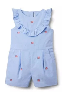 NEW NWT Girl JANIE AND JACK Blue Embroidered Flag Ruffle Romper Sz 6 Sleeveless - Picture 1 of 4