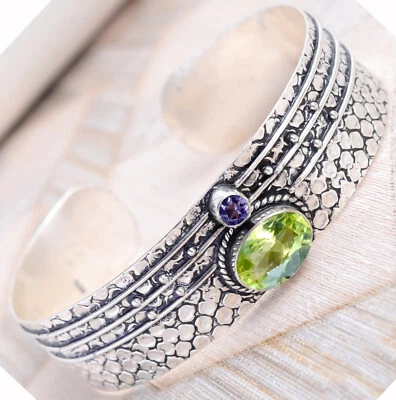 Peridot Cut, Amethyst Gemstone Bracelet 925 Sterling Silver Man's Cuff Jewelry - Image 1 of 4