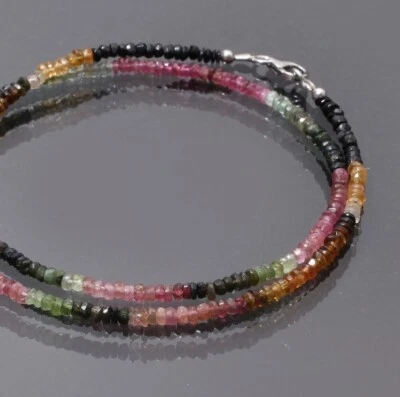 Multi Color Watermelon Tourmaline 4MM Faceted Gemstone Beads Unisex Necklace 18" - Image 1 of 4