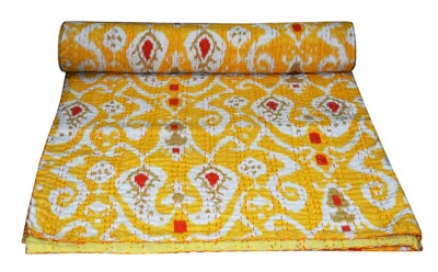 Indian King Kantha Quilt Cotton Throw Bedding Bedspread Hand Block Floral Print - Image 1 of 4