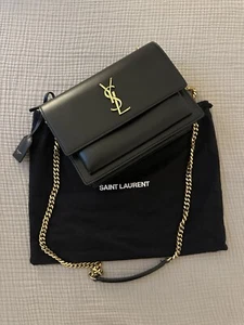 Saint Laurent Paris Sunset Medium Smooth Leather Black/Gold Shoulder Bag - Picture 1 of 9