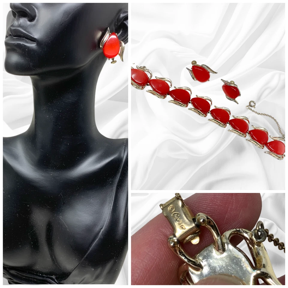 Vintage Coro Earrings & Necklace Set Clip On Red Abstract Acrylic Gold Tone - Image 1 of 4