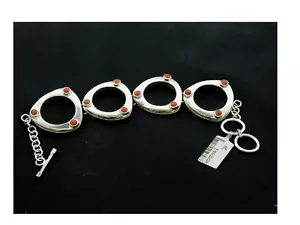 Auténtico Brazalete en Plata 925 y Coral Rojo PIEDRAS PRECIOSAS con Círculos Hecho en Italia - Imagen 1 de 4