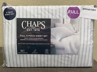CHAPS by Ralph Lauren 6pc FULL Sheet Set with 4 Pillowcases White/Grey Stripes - Image 1 of 3