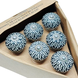 6 New UNIQUE Ceramic HANDCRAFTED Black/White LOTUS Drawer Pull KNOBS INDIA Petal - Picture 1 of 14