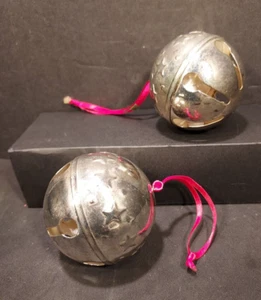 Silver Sleigh Bell Ornament for Christmas - AGED PATINA Stars Red Ribbon SET/2 - Picture 1 of 3