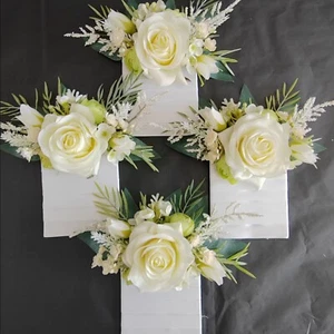 Groomsmen Ivory Rose & Sage Pocket Square Boutonniere - Picture 1 of 7