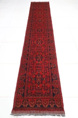 13 ft Hallway Tribal Red Runner Rug Afghan Hand Knotted Wool Entry Runner Rug - Image 1 of 4