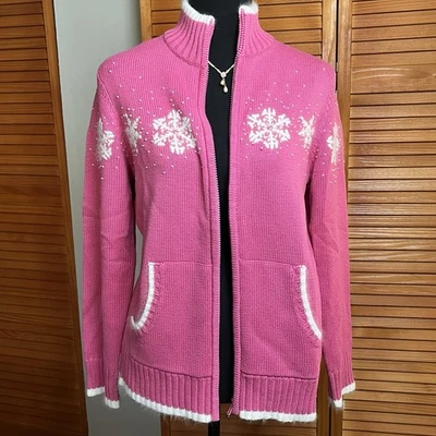 NWT Rose QUACKER FACTORY Snowflake Theme Zip Cardigan Sweater XS WARM & STYLISH! - Image 1 of 4