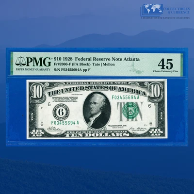 Fr.2000-F 1928 $10 FRN ATLANTA, Numerical Seal, PMG XF 45 #55694 - Image 1 of 3