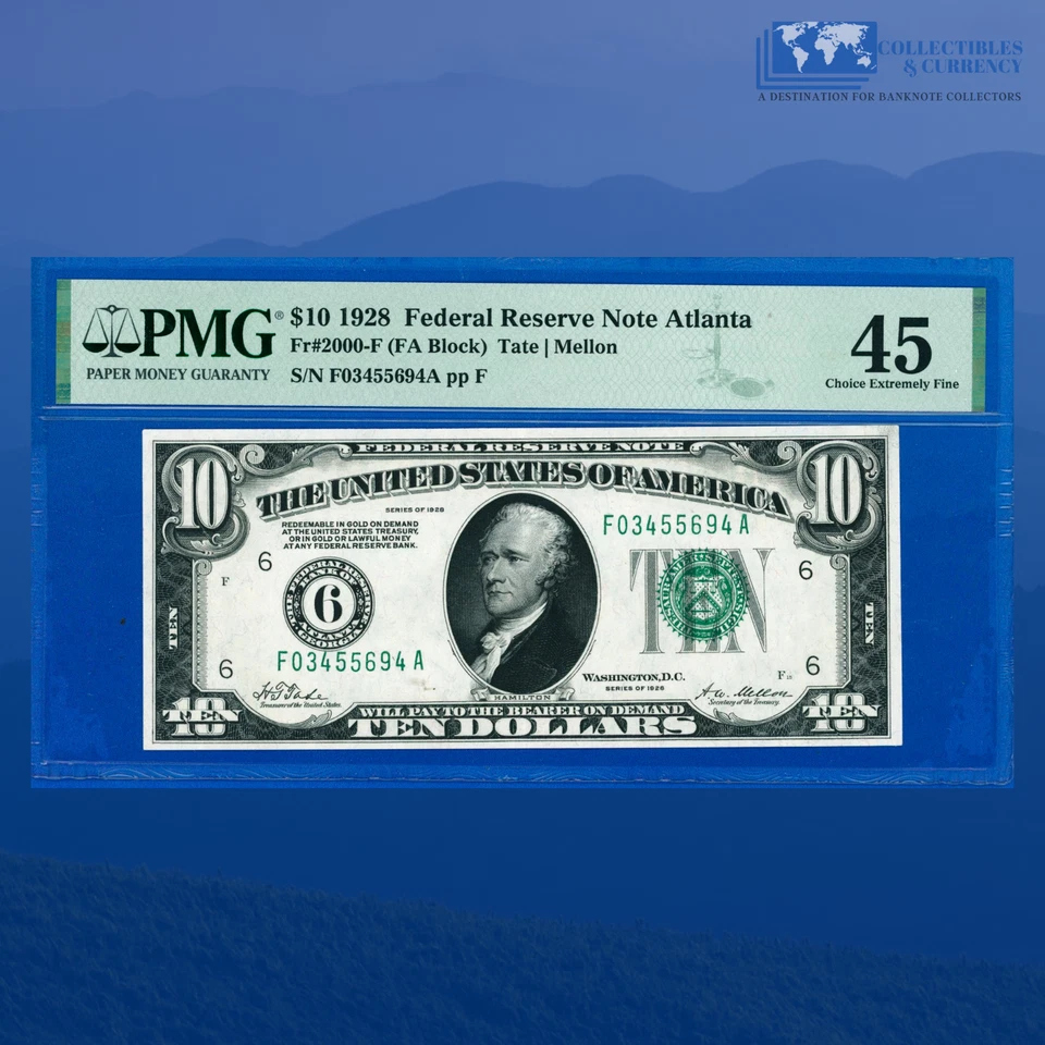 Fr.2000-F 1928 $10 FRN ATLANTA, Numerical Seal, PMG XF 45 #55694 - Image 1 of 3