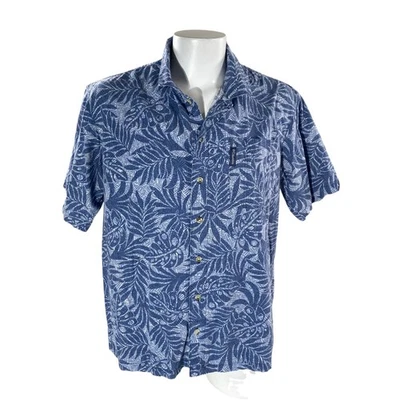 Camisa Columbia Hawaiana Aloha Grande Floral Hoja Frondas Azul Blanco Foto 1 de 4