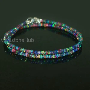 Natural Ethiopian Black Opal Smooth Rondelle Bead Gemstone Necklace 16 Inch - Picture 1 of 3