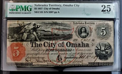 1857 $5 City of Omaha Nebraska Territory, Omaha City NEC131 PMG VF25 NET - Image 1 of 2