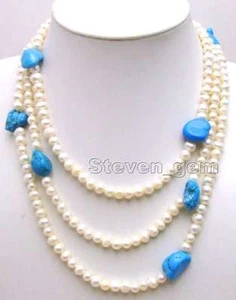 SALE Long 60'' Natural White Round pearl & Baroque Blue Turquoise Necklace-5293 - Picture 1 of 4