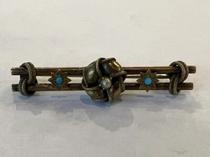 Estate Victorian Turquoise Seed Pearl Gold Filled Bar Pin Love Knot 1 7/8” - Picture 1 of 6