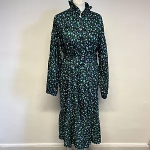 Kitri X Jessie Bush Midi Dress Size 14 Black Blue Floral Pattern Ruffle Cotton - Picture 1 of 9